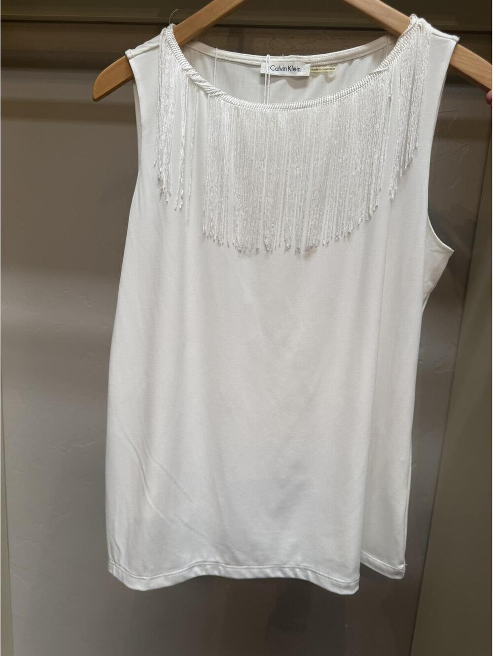 Calvin Klein White Sleeveless Tank Top with Beaded Fringe Detail